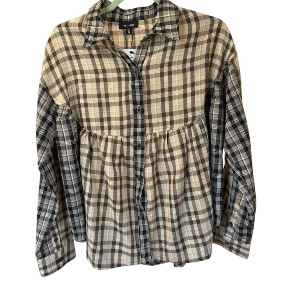 Heyson Women’s Brown Cream Black Plaid Button-Up Peplum Shirt